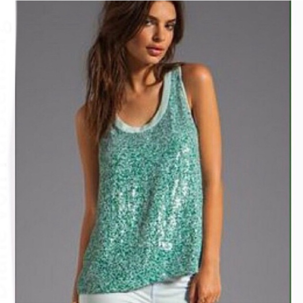 Diane Von Furstenberg Emilia Turquoise & Green Silk Marble Sequin Tank - Picture 1 of 16